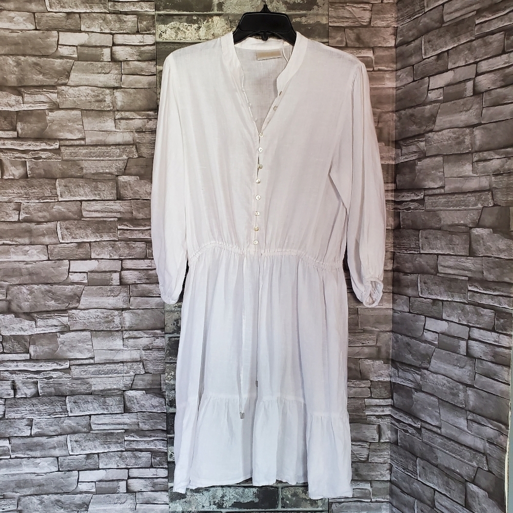 Aribella White Peasant Linen Midi Dress Bohemian Long Sleeves Front Button Mediu
